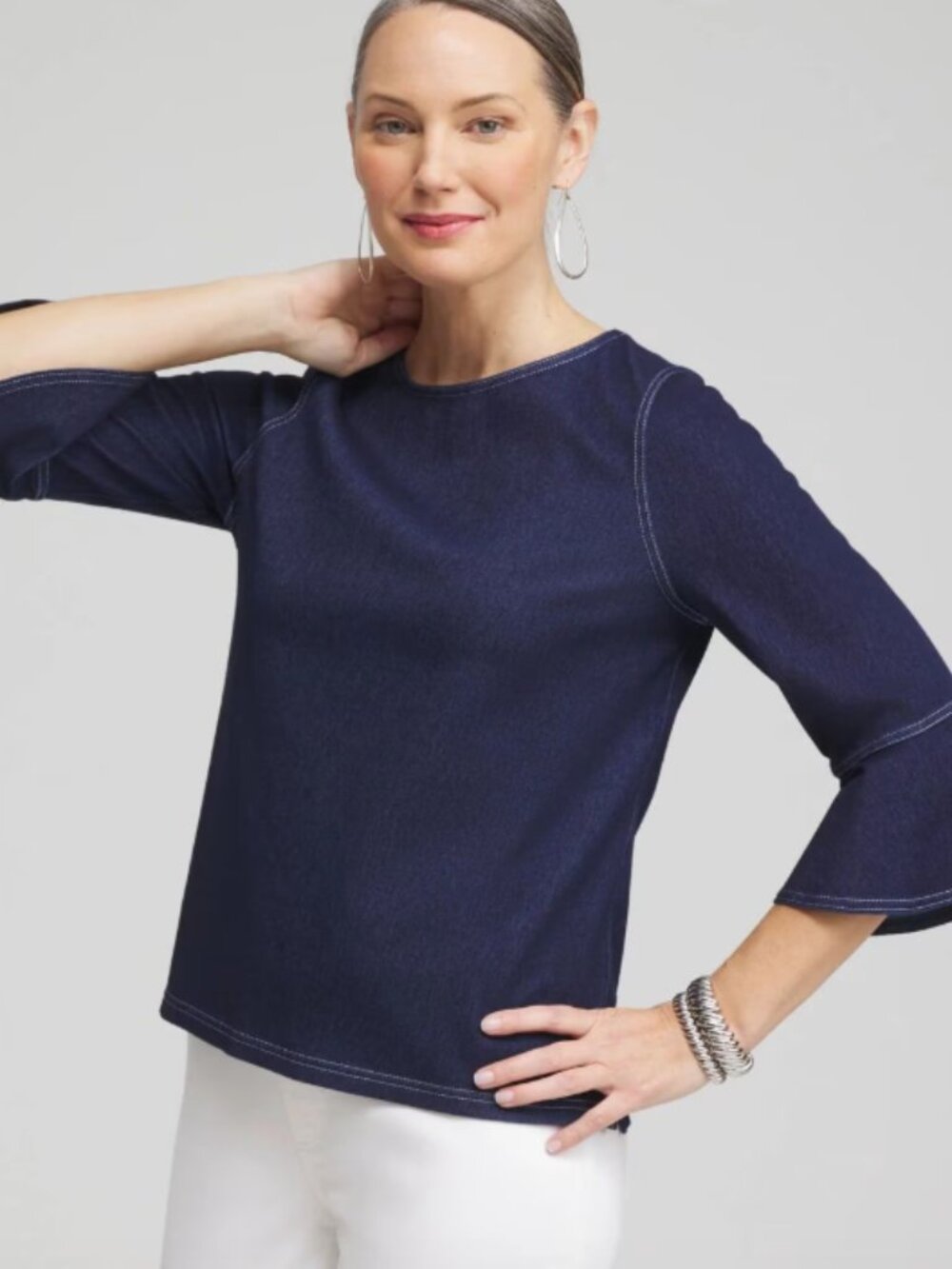 Chico's Indigo Denim Trumpet Sleeve Top Chambray Fall Transition Staple Closet L